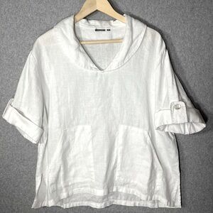 White Linen Blouse Tunic Top Short Sleeve V neck Lagenlook Small Medium